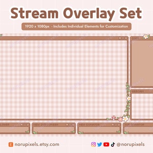Può includere: Un set di overlay di streaming personalizzabili con un motivo a quadri marrone chiaro e rosa. Gli overlay includono sezioni per chat, webcam, nuovo follower, nuovo abbonato, nuovo donatore e top donatore. Gli overlay sono decorati con viti e fiori.