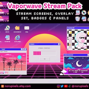 May include: A digital art pack with a vaporwave aesthetic. The design includes pixelated stream screens, overlay sets, badges, and panels. The color palette features pink, purple, and blue hues, with retro computer icons and text elements. The overall theme is a nostalgic, 80s-inspired design.