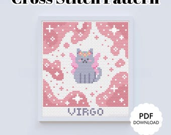 Virgo Zodiac Cat Cross Stitch Pattern | Grey Kitty Astrology Horoscope Chart PDF