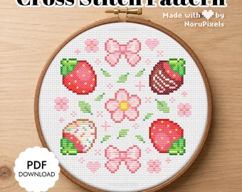 Summer Strawberries Cross stitch Pattern | Kawaii Pink Xstitch Chart PDF