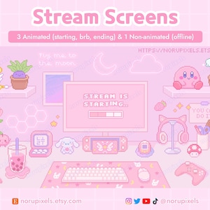 Pastel Pink Gamer Desk Stream Screens | Pastel Aesthetic Twitch Scenes Setup Overlay | 8 bit Pixel art stream screens