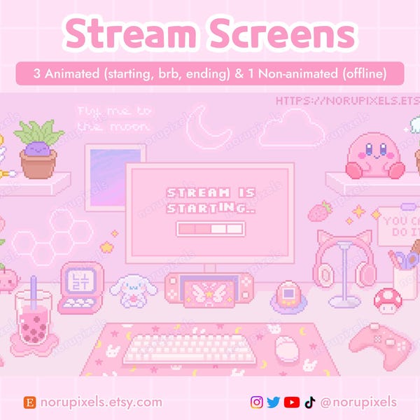 Pastel Pink Gamer Desk Stream Screens | Pastel Aesthetic Twitch Scenes Setup Overlay | 8 bit Pixel art stream screens