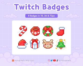 May include: Pixel art Twitch badges featuring holiday-themed icons. Includes a candy cane, mug, wreath, stocking, Santa hat, gift, reindeer, and Christmas tree. The text reads "Twitch Badges" and "8 Badges in 18, 36 & 72px".