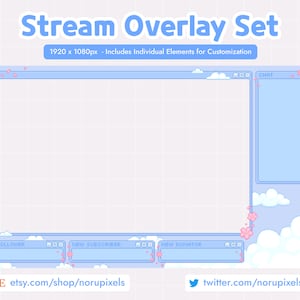 May include: A light blue stream overlay set with a pixelated design. The set includes a main frame, chat box, and notification bars for new followers, subscribers, and donors. Pink cherry blossoms and white clouds decorate the design. The text "Stream Overlay Set" is at the top.