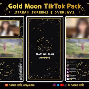 May include: A black digital overlay pack with gold accents, featuring a crescent moon and stars design. The text "Gold Moon TikTok Pack" and "Stream Screens & Overlays" are displayed at the top. Includes frames for video and chat.