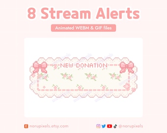 Puede incluir: Una alerta de animación de arte de píxeles para transmisiones de Twitch o YouTube. La alerta es rosa y blanca con un borde de encaje y un lazo. El texto "NEW DONATION" está en el centro de la alerta.