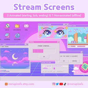 アニメーション付きヴェイパーウェイブ配信画面、Y2KレトロPC近日開始BRB、かわいいTwitchオフラインバナー、アニメピクセルアートVTuber背景