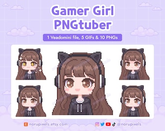 Cute Gamer Girl Chibi PNGtuber Veadotube Mini for Twitch Streamer | Gamer Headset Brown Hair Girl PNG tuber