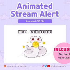 Op de afbeelding: Geanimeerde GIF van een witte slang met rode ogen die een gouden munt vasthoudt. De tekst "NEW DONATION" staat boven de slang. De tekst "INLCUDES No text version!" staat in een roze cirkel aan de rechterkant van de afbeelding.