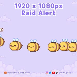 Könnte beinhalten: Pixel-Art-Illustration mit einer "Raid Alert"-Grafik und mehreren Cartoon-Bienen. Die Bienen sind gelb und braun mit lächelnden Gesichtern und kleinen blauen Flügeln, vor einem hellvioletten Hintergrund mit Wolken.