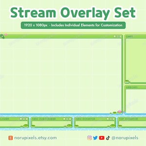 Può includere: Set di sovrapposizione di stream di pixel art verde e bianco con una rana, ninfee e acqua. Il set include una casella di chat, una cornice per webcam, nuovi follower, nuovi abbonati, nuovi donatori e cornici per donatori top. Il testo "Stream Overlay Set" e "1920 x 1080px - Includes Individual Elements for Customization" è incluso nell'immagine.
