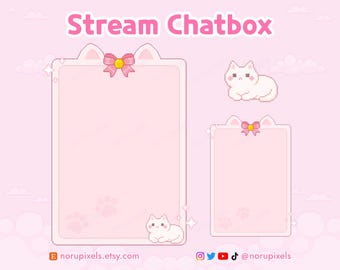 Kawaii White Cat Chat Box Overlay, Pixel Art Soft Girl Just Chatting Frame, Fairycore Stream Widget Background, Angel Neko Twitch UI