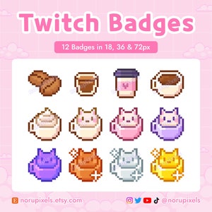 12 Coffee Cat in Cup Pixel Twitch Sub Badges | Coffee bean Bit Badges |  Premade badges for Cozy Twitch streams