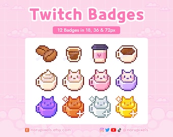 12 Pixel Twitch-abonnemangsmärken för kaffekatt i kopp | Märken för kaffebönsbitar | Färdiga märken för mysiga Twitch-streams