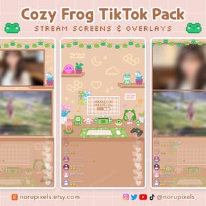 Może przedstawiać: Pakiet grafiki cyfrowej dla streamerów TikTok, z motywem przytulnej żaby. Projekt zawiera ekrany i nakładki strumieniowe z jasnobrązowym tłem, zielonymi akcentami oraz ilustracjami żab i roślin. Tekst "Cozy Frog TikTok Pack" znajduje się na górze.