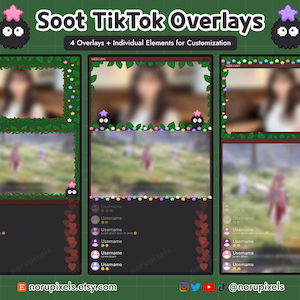 Puede incluir: Superposiciones digitales de Soot TikTok con marcos decorativos, fondos borrosos y elementos de interfaz de usuario. El dise&ntilde;o incluye un personaje Soot y el texto "Soot TikTok Overlays". El nombre de la tienda Etsy "norupixels.etsy.com" tambi&eacute;n es visible.