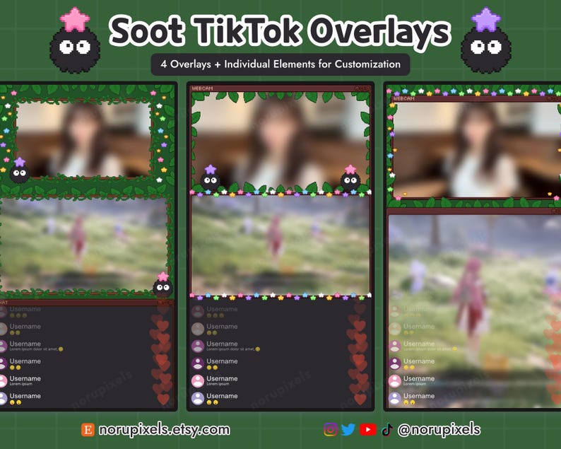 Puede incluir: Superposiciones digitales de Soot TikTok con marcos decorativos, fondos borrosos y elementos de interfaz de usuario. El dise&ntilde;o incluye un personaje Soot y el texto "Soot TikTok Overlays". El nombre de la tienda Etsy "norupixels.etsy.com" tambi&eacute;n es visible.