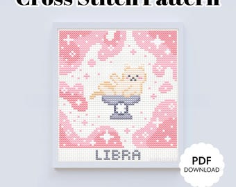 Libra Zodiac Cat Cross Stitch Pattern | White Kitty Astrology Chart PDF