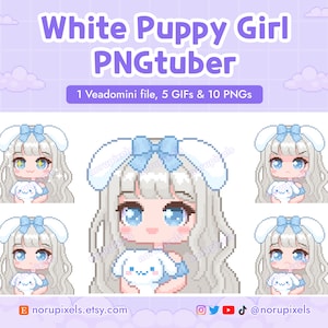 以下が含まれることがあります： 青い目をした白い子犬の女の子のピクセルアートイラスト。彼女は青いリボンを髪に付けており、白い子犬を抱いています。画像は漫画風で、アバターや絵文字として使用できます。