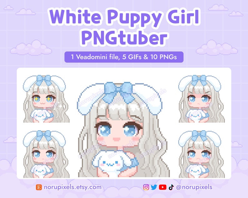 Cinnamon White Puppy Girl Chibi PNGtuber Veadotube Mini for Twitch Streamer | Kawaii Puppy PNG tuber - 5 expressions