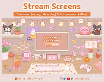 Animated Stream Screens Kawaii Fall Gamer Desk | Halloween Pastel Aesthetic Twitch Screen Setup Overlay