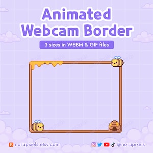 May include: Animated webcam border with a brown frame and honey dripping from the top. Two animated bees are flying around the frame, one on each side. The background is a light purple with white clouds.