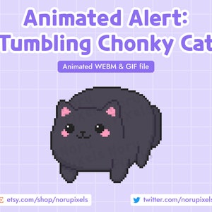Geanimeerde Pixel Black Cat Twitch-melding | Stream-waarschuwing tuimelende kat | Twitch-waarschuwing Chonky Cat | Melding voor schenking van begaafde abonnees