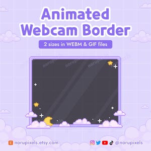 Puede incluir: Borde animado de cámara web con un tema de cielo nocturno. El borde presenta una luna pixelada, estrellas y nubes. El texto "Animated Webcam Border" y "2 sizes in WEBM & GIF files" se muestra sobre el borde. El texto "norupixels.etsy.com" se muestra debajo del borde.