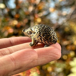 May include: A small, gold-colored metal figurine of a hedgehog. The hedgehog is standing on its four legs and has a detailed, spiky back.