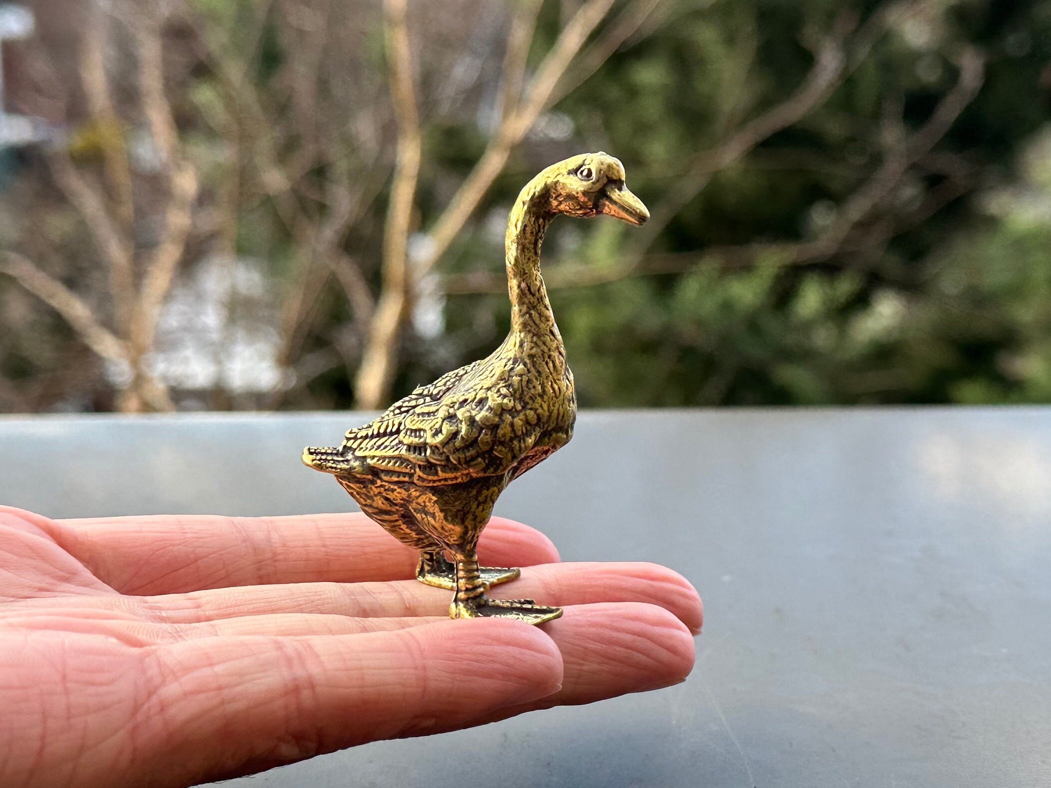 Aged Heavy Brass Duck Statue, Vintage Brass Duck, Brass Figurine