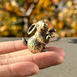 Könnte beinhalten: Eine kleine, goldfarbene Metallfigur eines Kaninchens. Das Kaninchen steht auf seinen Hinterbeinen mit erhobenen Vorderpfoten. Die Figur ist detailliert mit strukturiertem Fell und hat ein realistisches Aussehen.