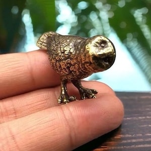 May include: A small, detailed brass owl figurine. The owl has textured feathers, a round head, and small feet. The figurine is a warm, golden color and appears to be made of metal. The owl is a decorative item.
