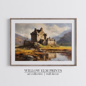 Vintage Scottish Castle & landscape Print, Nature Painting, Scotland countryside, Eilean Donan Castle, Wall Art Print, Landscape Digital Art
