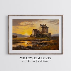 Vintage Scottish Castle & landscape Print, Nature Painting, Scotland countryside, Eilean Donan Castle, Wall Art Print, Landscape Digital Art