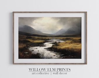 Impresión digital de paisaje escocés vintage, pintura de la naturaleza, tonos tierra cambiantes que capturan el campo escocés, arte digital de las Tierras Altas