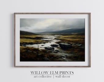 Impresión digital de paisaje escocés vintage, pintura de la naturaleza, tonos tierra cambiantes que capturan el campo escocés, arte digital de las Tierras Altas