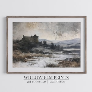 Vintage schottische Landschaft Druck, Natur Malerei, Schottisches Schloss im Winter, Landschaft Digital Art, Highlands im Winter Kunstwerk