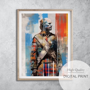 Abstract Scottish Highlander Portrait Digital Print, Mixed Media Art, Minimalism Scottish Wall Decor, Abstract Scottish Soldier Wall Decor