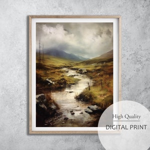 Vintage schottische Landschaft Digitaldruck, Naturmalerei, Stimmungsvolle Erdtöne, die die schottische Landschaft einfangen, Highlands Digital Art