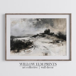 Vintage schottische Landschaft Druck, Natur Malerei, Schottisches Schloss im Winter, Landschaft Digital Art, Highlands im Winter Kunstwerk