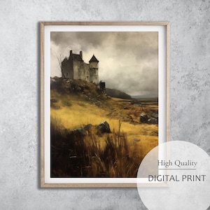 Vintage Scottish Castle and landscape Painting, Country Decor, Scottish Landscape Painting, Landscape Digital Art, Digital Painting Download