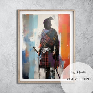 Abstract Scottish Highlander Portrait Digital Print, Mixed Media Art, Minimalism Scottish Wall Decor, Abstract Scottish Soldier Wall Decor
