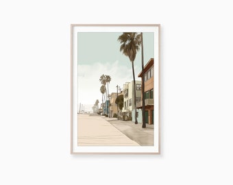 May include: A digital illustration of a street lined with palm trees and colorful houses. The houses are painted in shades of blue, green, and yellow. The street is paved with a light brown color and the sky is a light blue with a few white clouds.
