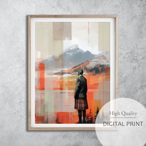 Abstract Scottish Highlander Digital Print, Mixed Media Art, Minimalism Scottish Wall Decor, Abstract Scottish Highlands Wall Decor