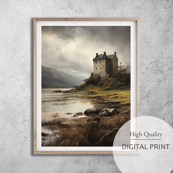 Vintage Scottish Castle and landscape Print, Nature Painting, Moody earth tones that capture the Scottish countryside, Landscape Digital Art