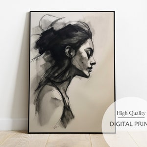 Charcoal Sketch & Ink Digital Portrait, Charcoal Portrait Wall Art, Art Portrait Print Wall Decor, Digital Download, Quality Portrait Art