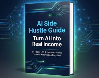 Könnte beinhalten: Ein Buch mit dem Titel "AI Side Hustle Guide" und dem Untertitel "Turn AI Into Real Income". Das Cover ist dunkelblau mit grünen und weißen Akzenten und dem Text "88 Pages • 13 Actionable Income Streams • No Coding Required."