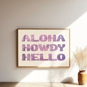 Coastal Cowgirl Decor Aloha Howdy Print Wall Art, Trendy Beach House Decor, Western Aesthetic, Blue Text Poster, Digital Download Printable