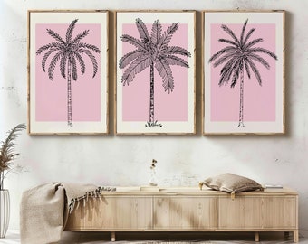 Pink Palm Tree Print Set of 3, Beachy Wall Art (Digital Download)