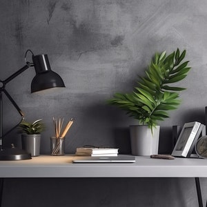 May include: A black desk lamp with a metal shade sits on a white desk with a laptop, potted plants, pencils, and a clock. The desk is in front of a gray concrete wall.
